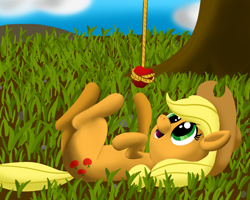 Size: 1500x1200 | Tagged: safe, artist:stellardust, derpibooru original, character:applejack, species:pony, apple, behaving like a cat, clothing, cloud, cute, eyes on the prize, female, food, grass, hat, jackabetes, mare, on back, rock, rope, sky, solo, that pony sure does love apples, tree