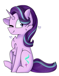 Size: 941x1194 | Tagged: safe, artist:tater, character:starlight glimmer, species:pony, species:unicorn, chest fluff, female, one ear down, one eye closed, simple background, sitting, smiling, solo, transparent background, wink