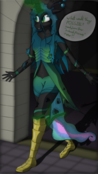 Size: 4320x7680 | Tagged: safe, artist:littlepony115, character:princess celestia, character:queen chrysalis, species:alicorn, species:anthro, species:changeling, species:pony, absurd resolution, armor, canterlot, canterlot castle, changeling magic, changeling queen, crown, dialogue, fangs, female, jewelry, magic, mare, monarch, queen, regalia, ribcage, ribs, solo, speech, speech bubble, text, transformation, vignette, villian