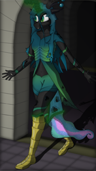 Size: 4320x7680 | Tagged: safe, artist:littlepony115, character:princess celestia, character:queen chrysalis, species:alicorn, species:anthro, species:changeling, species:pony, absurd resolution, armor, canterlot, canterlot castle, changeling magic, changeling queen, crown, fangs, female, jewelry, magic, mare, monarch, queen, regalia, ribcage, ribs, solo, transformation, vignette, villian