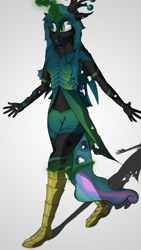 Size: 4320x7680 | Tagged: safe, artist:littlepony115, character:princess celestia, character:queen chrysalis, species:alicorn, species:anthro, species:changeling, species:pony, absurd resolution, armor, changeling queen, crown, disguise, disguised changeling, fangs, female, jewelry, magic, mare, monarch, queen, regalia, ribcage, ribs, simple background, solo, transformation, vignette, villian