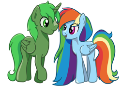 Size: 4092x2893 | Tagged: safe, artist:koharuveddette, character:rainbow dash, oc, oc:green thunder, species:alicorn, species:pegasus, species:pony, alicorn oc, alternate hairstyle, commission, female, greendash, looking at each other, male, mare, never doubt blaa6 involvement, stallion, ych result