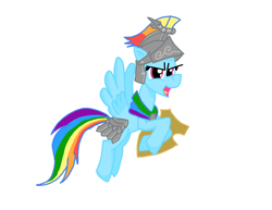 Size: 4400x3400 | Tagged: safe, artist:pegaplex, character:flash magnus, character:rainbow dash, species:pony, equestria daily, episode:campfire tales, g4, my little pony: friendship is magic, armor, clothing, cosplay, costume, female, helmet, netitus, shield, simple background, solo, white background