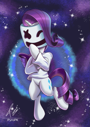 Size: 565x800 | Tagged: safe, artist:pyropk, character:rarity, species:pony, species:unicorn, clothing, cosplay, costume, crossover, cute, female, food, marshmallow, marshmello (artist), rarity is a marshmallow, solo, space