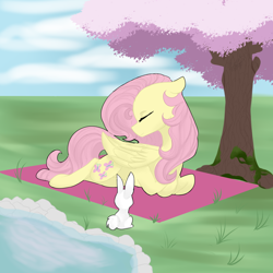 Size: 1500x1500 | Tagged: safe, artist:royalwolf1111, character:angel bunny, character:fluttershy, species:pegasus, species:pony, cherry tree, cute, duo, eyes closed, female, folded wings, head turn, hooves tucked in, lying down, mare, moss, outdoors, pond, prone, tree, under the tree, wings