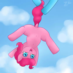 Size: 1512x1512 | Tagged: safe, alternate version, artist:zekromlover, character:pinkie pie, character:rainbow dash, species:earth pony, species:pegasus, species:pony, belly button, featureless crotch, female, flying, holding a pony, mare, offscreen character