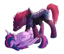 Size: 1900x1600 | Tagged: safe, artist:patty-plmh, character:tempest shadow, character:twilight sparkle, character:twilight sparkle (alicorn), species:alicorn, species:pony, species:unicorn, ship:tempestlight, armor, broken horn, eye contact, female, horn, lesbian, looking at each other, mare, scrunchy face, shipping, simple background, white background