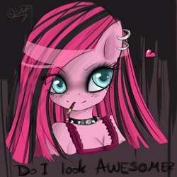 Size: 800x800 | Tagged: safe, artist:chiakitasso, character:pinkamena diane pie, character:pinkie pie, species:anthro, bust, cigarette, collar, colored pupils, earring, female, goth, gothic, heart, piercing, portrait, punk, smiling, solo