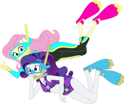Size: 1024x855 | Tagged: safe, artist:shoxxe, artist:zefrenchm, character:fluttershy, character:rarity, my little pony:equestria girls, bikini, bikini babe, clothing, colored, diving goggles, duo, female, flippers, geode of shielding, goggles, magical geodes, simple background, snorkel, swimsuit, transparent background, vector, wetsuit