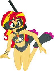Size: 1024x1335 | Tagged: safe, artist:shoxxe, artist:zefrenchm, character:sunset shimmer, my little pony:equestria girls, bikini, clothing, colored, female, flippers, geode of empathy, goggles, magical geodes, simple background, snorkel, solo, swimsuit, transparent background, vector
