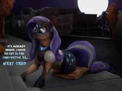 Size: 1000x750 | Tagged: safe, alternate version, artist:geoffrey mcdermott, artist:jrain9110, character:nightmare rarity, character:rarity, species:pony, species:unicorn, bucket, clothing, commission, cutie mark, dialogue, eyeshadow, female, full moon, glasses, glow, halloween, holiday, horn ring, human to pony, jewelry, makeup, male to female, mare, moon, necklace, night, open mouth, outdoors, pants, pumpkin, rule 63, solo, speech change, street, tiara, transformation, transgender transformation, tree, urban