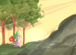 Size: 2898x2070 | Tagged: safe, artist:compassrose0425, character:spike, species:dragon, episode:dragon quest, g4, my little pony: friendship is magic, bindle, crepuscular rays, cute, knapsack, male, mountain, solo, tree