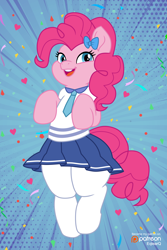 Size: 2000x3000 | Tagged: safe, artist:whistrid, character:pinkie pie, species:earth pony, species:pony, abstract background, bipedal, bow, clothing, confetti, female, high res, movie accurate, patreon, patreon logo, school uniform, schoolgirl, solo, stockings, thigh highs