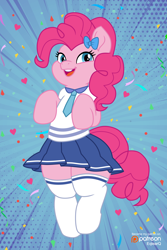 Size: 2000x3000 | Tagged: safe, artist:whistrid, character:pinkie pie, species:earth pony, species:pony, abstract background, bipedal, bow, clothing, confetti, cute, diapinkes, female, high res, patreon, patreon logo, school uniform, schoolgirl, socks, solo, stockings, thigh highs, zettai ryouiki