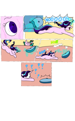 Size: 1200x1920 | Tagged: safe, artist:doodletheexpoodle, character:starlight glimmer, oc, oc:pocket watch, parent:doctor whooves, parent:starlight glimmer, parents:starwhooves, species:pony, species:unicorn, comic:magic mayhem, big eyes, comic, confused, cushion, falling, female, filly, missing cutie mark, mother and daughter, offspring, pillow, question mark, simple background, sweat, teleportation, transparent background