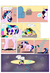 Size: 1280x1847 | Tagged: safe, artist:doodletheexpoodle, character:starlight glimmer, oc, oc:pocket watch, parent:doctor whooves, parent:starlight glimmer, parents:starwhooves, species:earth pony, species:pony, species:unicorn, comic:magic mayhem, blank eyes, comic, dialogue, female, filly, laundry basket, missing cutie mark, mother and daughter, offspring, portal, simple background, speech bubble, transparent background