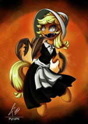 Size: 565x800 | Tagged: safe, artist:pyropk, character:applejack, species:pony, cliffside (animated series), clothing, cordie, corrupted, creepypasta, evil, female, nightmare fuel, pincers, skirt, smiley face, solo