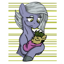 Size: 2500x2500 | Tagged: safe, artist:thr3eguess3s, character:limestone pie, oc, oc:apple core, parent:big macintosh, parent:limestone pie, parents:limemac, species:pony, abstract background, baby, baby pony, female, holding a pony, lidded eyes, mother and daughter, offspring