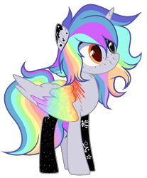 Size: 1048x1264 | Tagged: safe, artist:colordroplovelyart, artist:teepew, base used, oc, oc only, oc:pastel chole, species:alicorn, species:pony, alicorn oc, female, freckles, heterochromia, mare, multicolored hair, rainbow hair, simple background, solo, tattoo, transparent background