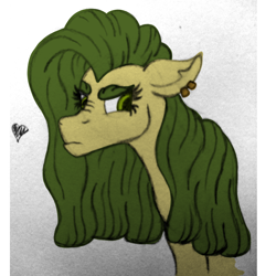 Size: 2500x2500 | Tagged: safe, artist:thr3eguess3s, oc, oc only, oc:apple core, parent:big macintosh, parent:limestone pie, parents:limemac, species:pony, bust, ear piercing, eyebrows, female, floppy ears, heart, mare, mixed media, offspring, piercing, scowl, solo
