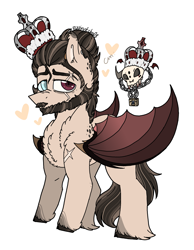 Size: 2099x2699 | Tagged: safe, artist:myfantasy08, oc, oc only, oc:stanley echonnus, beard, big wings, body fluff, broken horns, chains, crown, cutie mark, demon, demon horns, demon wings, ear fluff, eye scar, facial hair, folded wings, glass eye, heart, jewelry, looking at you, male, married, old king, padlock, padlocked collar, ponytail, regalia, scar, simple background, skull, solo, stains, stressed, unshorn fetlocks, white background, wings