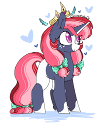 Size: 2199x2699 | Tagged: safe, artist:myfantasy08, oc, oc:meggan radiant, species:cow, species:pony, beautiful mane, bow, chest fluff, crown, eyelashes, female, freckles, head fluff, heart, hoof fluff, jewelry, looking up, magic crown, mane bow, married, multicolored body, multicolored hair, regalia, solo, standing, tail bow, unicorn cow, wings