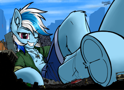 Size: 6090x4440 | Tagged: safe, artist:movieskywalker, derpibooru original, oc, oc:ravist, species:pegasus, species:pony, absurd resolution, building, car, chest fluff, clothing, coat, daisy dukes, destruction, frog (hoof), giant pony, grin, jeans, jeep, looking at you, lying down, macro, one eye closed, open clothes, open shirt, pants, resting, ruins, semi-anthro, shirt, shorts, smiling, underhoof, wink