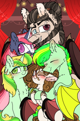Size: 1822x2744 | Tagged: safe, artist:myfantasy08, derpibooru original, oc, oc only, oc:equino echonnus, oc:lemonade echonnus, oc:lemony echonnus, oc:meggan radiant, oc:stanley echonnus, species:bat pony, species:pony, species:unicorn, arm fluff, bat wings, beautiful mane, belly fluff, blushing, body fluff, broken horns, brother and sister, chest fluff, colored wings, comfy, couples, dad, daughter, demon, demon horns, ear fluff, ear piercing, earring, eyelashes, eyes closed, face scar, facial hair, family, family photo, fangs, female, femboy, fluffy, freckles, glass eye, heart, heart eyes, hoof fluff, hug from behind, jewelry, king, lemino, looking at camera, looking at someone, looking at you, makeup, male, marriage rings, married, married couple, mother, multicolored body, multicolored hair, multicolored wings, natural makeup, oc x oc, one eye closed, piercing, ponytail, queen, quintet, red curtain, repaired wings, shipping, sisters, sitting, smiling, smiling at you, son, spread wings, stains, stars, succubus, unicorn cow, unicorn horns, wall of tags, wingding eyes, wings