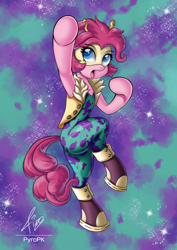 Size: 530x750 | Tagged: safe, artist:pyropk, character:pinkie pie, species:pony, bipedal, boots, clothing, cosplay, costume, crossover, female, horns, mask, mina ashido, my hero academia, namesake, shoes, solo