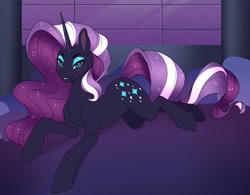 Size: 2258x1757 | Tagged: safe, artist:blithedragon, character:nightmare rarity, character:rarity, species:pony, species:unicorn, fanfic:the lost element, beautiful, fanfic, fanfic art, female, lidded eyes, looking at you, prone, smiling, solo