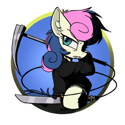 Size: 3000x3000 | Tagged: safe, artist:movieskywalker, derpibooru original, character:bon bon, character:sweetie drops, species:pony, badass, clothing, knife, kusarigama, looking back, rope, shadow fight 2, sickle, suit
