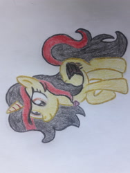 Size: 3096x4128 | Tagged: safe, artist:juani236, oc, oc only, unnamed oc, species:alicorn, species:pony, alicorn oc, black hair, red hair, sideways image, solo, spider, traditional art