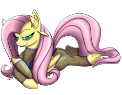 Size: 1280x994 | Tagged: safe, artist:twoshoesmcgee, character:fluttershy, species:pony, female, fishnets, lipstick, prone, simple background, solo, transparent background