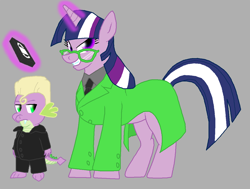 Size: 900x681 | Tagged: safe, artist:unoservix, character:spike, character:twilight sparkle, species:dragon, species:pony, species:unicorn, clothing, duo, female, glasses, grin, male, mare, mystery science theater 3000, simple background, smiling, vhs