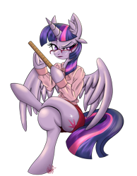Size: 1280x1650 | Tagged: safe, artist:twoshoesmcgee, character:twilight sparkle, character:twilight sparkle (alicorn), species:alicorn, species:pony, clothing, crossed legs, ear fluff, female, glasses, imminent spanking, miniskirt, ruler, simple background, skirt, solo, transparent background