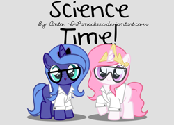 Size: 5291x3817 | Tagged: safe, artist:drpancakees, character:princess celestia, character:princess luna, species:pony, :o, absurd resolution, cewestia, clothing, cute, dressup, filly, glasses, lab coat, pink-mane celestia, s1 luna, safety goggles, science, science woona, scientist, woona