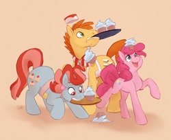 Size: 1000x814 | Tagged: dead source, safe, artist:rollingrabbit, character:carrot cake, character:cup cake, character:pinkie pie, species:earth pony, species:pony, balance, carrying, cupcake, female, food, male, mare, messy, mouth hold, platter, stallion, trio, working