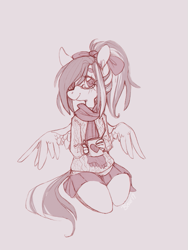 Size: 513x684 | Tagged: safe, artist:dreamyri, oc, oc only, oc:wintertide, species:anthro, species:pegasus, species:pony, bow, clothing, coffee mug, cute, female, glasses, looking at you, mare, monochrome, mug, scarf, simple background, smiling, solo