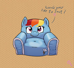 Size: 1169x1080 | Tagged: safe, artist:softballoonpony, character:rainbow dash, species:pony, chair, couch, cute, dashabetes, dialogue, i can't believe it's not badumsquish, inanimate tf, objectification, solo, transformation
