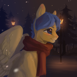 Size: 4000x4000 | Tagged: safe, artist:aoiyui, derpibooru original, oc, oc only, oc:crushingvictory, species:pegasus, species:pony, clothing, lamp post, male, scarf, smiling, snow, solo, spread wings, stallion, tree, wings