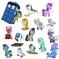 Size: 5000x5000 | Tagged: safe, artist:replaymasteroftime, character:amethyst star, character:beauty brass, character:blues, character:bon bon, character:carrot top, character:derpy hooves, character:dinky hooves, character:dj pon-3, character:doctor whooves, character:golden harvest, character:hoity toity, character:lyra heartstrings, character:noteworthy, character:octavia melody, character:sparkler, character:sweetie belle, character:sweetie drops, character:time turner, character:trixie, character:vinyl scratch, species:earth pony, species:pegasus, species:pony, species:unicorn, absurd resolution, doctor who, eyes closed, female, filly, male, mare, stallion, tardis, the doctor