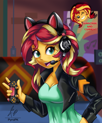 Size: 833x1000 | Tagged: safe, artist:pyropk, character:sunset shimmer, episode:game stream, g4, my little pony: equestria girls, my little pony:equestria girls, spoiler:eqg series (season 2), clothing, controller, dualshock controller, female, gamer, gamer sunset, headphones, microphone, open mouth, playstation 4, room, shimmercode, solo