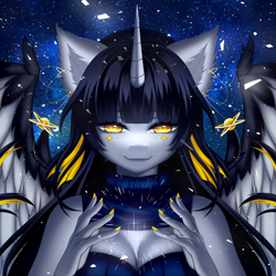 Size: 1500x1500 | Tagged: safe, artist:gyuumu, oc, oc only, oc:starlit night, species:alicorn, species:anthro, species:pony, alicorn oc, anthro oc, female, looking at you, mare, nail polish, night, smiling, solo, stars, wings
