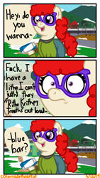 Size: 810x1440 | Tagged: safe, artist:colorcodetheartist, character:twist, species:earth pony, species:pony, clothing, comic, crossover, dialogue, female, food, glasses, internal monologue, lisp, mare, meme, nervous, poofy mane, red mane, rice krispies, scott malkinson, south park, vine video, vulgar