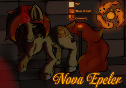 Size: 2304x1608 | Tagged: safe, artist:littlepony115, oc, oc:nova epeler, species:pony, species:unicorn, brick wall, broken horn, candle, candlelight, cheek fluff, chest fluff, female, fire, horn, leg fluff, magic, mare, smiling, solo, spell, stone, stone brick, stone wall, tiled floor, tiles, vignette