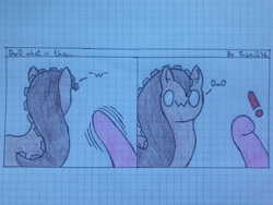 Size: 4128x3096 | Tagged: safe, artist:juani236, oc, oc:couchry desim, species:earth pony, species:pony, comic, duo, graph paper, lined paper, owo, owo what's this?, traditional art, zipper