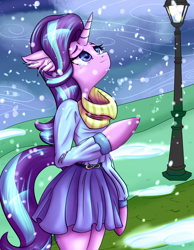 Size: 2250x2900 | Tagged: safe, artist:twoshoesmcgee, character:starlight glimmer, species:anthro, species:pony, species:unicorn, arm hooves, clothing, dress, female, lamppost, looking up, scarf, snow, snowfall, solo