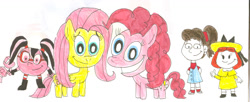 Size: 1719x698 | Tagged: safe, artist:sithvampiremaster27, character:fluttershy, character:pinkie pie, andrea libman, crossover, cylindria, dragon tales, emmy, madeline, pac-man and the ghostly adventures, traditional art, voice actor joke