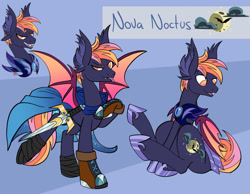 Size: 1280x994 | Tagged: safe, artist:twoshoesmcgee, oc, oc:nova noctus, species:bat pony, species:pony, alternate universe, bat pony oc, boots, cape, clothing, full moon, grin, guard, heirs of equestria, hoof shoes, male, moon, reference sheet, roleplay, shoes, smiling, solo, sword, weapon