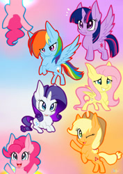 Size: 2059x2912 | Tagged: safe, artist:mysteryart716, character:applejack, character:fluttershy, character:pinkie pie, character:rainbow dash, character:rarity, character:twilight sparkle, character:twilight sparkle (alicorn), species:alicorn, species:earth pony, species:pegasus, species:pony, species:unicorn, apple eyes, chest fluff, chibi, cute, cutie mark eyes, dashabetes, diapinkes, ear fluff, eye clipping through hair, jackabetes, leg fluff, mane six, open mouth, pinkie being pinkie, portal (valve), raribetes, shyabetes, spread wings, starry eyes, twiabetes, wingding eyes, wings